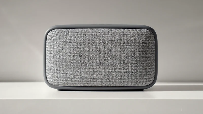 Illustration eines kompakten Bluetooth-Lautsprechers mit Stoffgitter auf weißem Regal