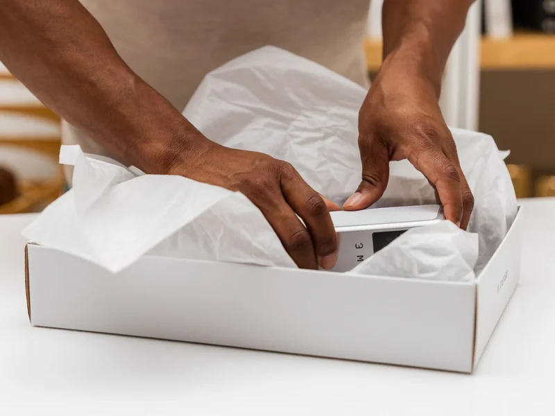 Illustration: HĂ€nde verpacken ein GerĂ€t in Seidenpapier in einem schlichten Karton